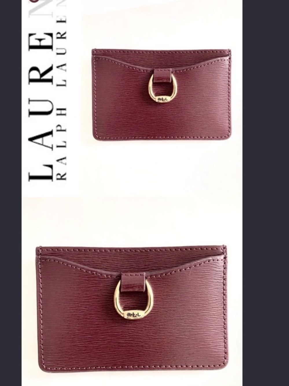 Ralph Lauren Wine Leather Card & Key Holder with Gold D-Ring